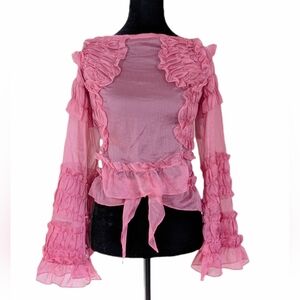 Still Still Studio Pink Modern Ethereal Romantic Sheer Ruffle Bell Sleeve Blouse